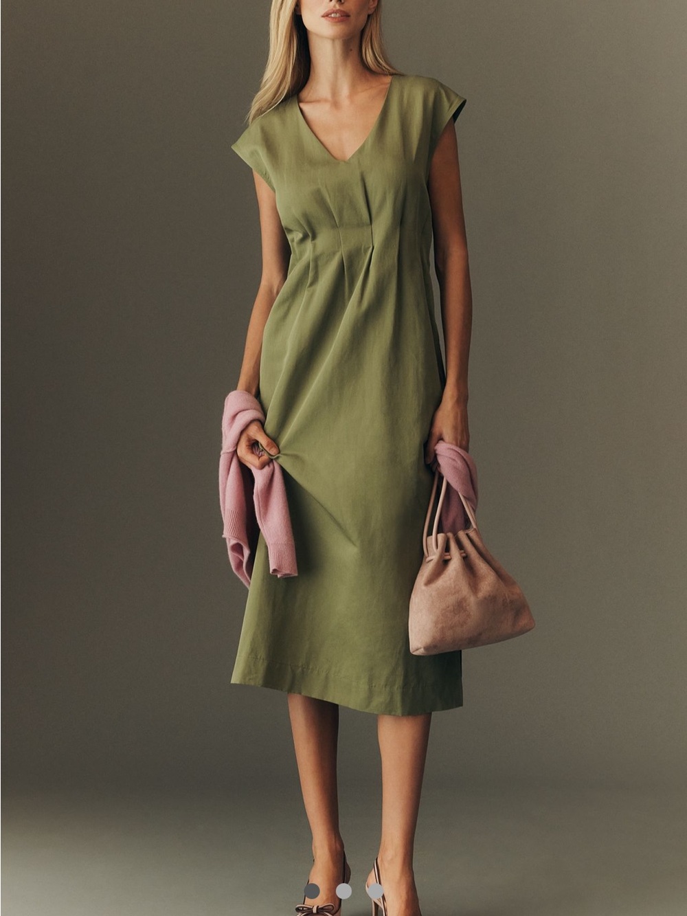 Anthropologie Olive Green V-Neck Midi Dress with Cap Sleeves